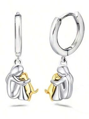 Silver and Gold Hugging Dog Dangle Earrings